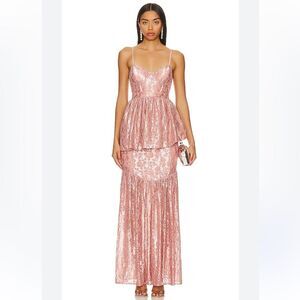 NEW For Love and Lemons Shai Lace Tiered Gown Rhinestones Pink Size Small